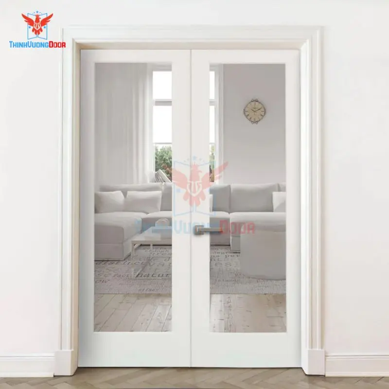 Cửa gỗ kính 2 cánh MDF sơn trắng, kính cường lực trong suốt