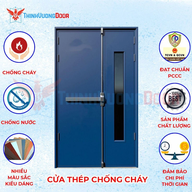 Cửa thép chống cháy 2P1G1 xanh dương Cửa thép chống cháy 2P1G1 xanh dương