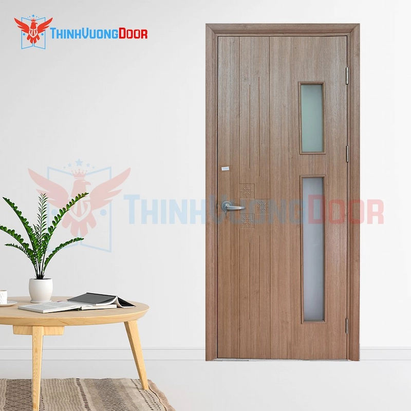 Mẫu cửa nhựa ABS màu nâu gỗ có ô kính trang trí
