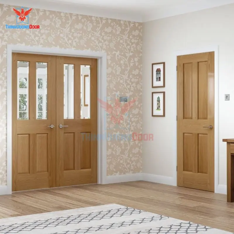 Cửa gỗ Lim 2 cánh, kính cường lực trong suốt với một đường nẹp gỗ ngang ở giữa