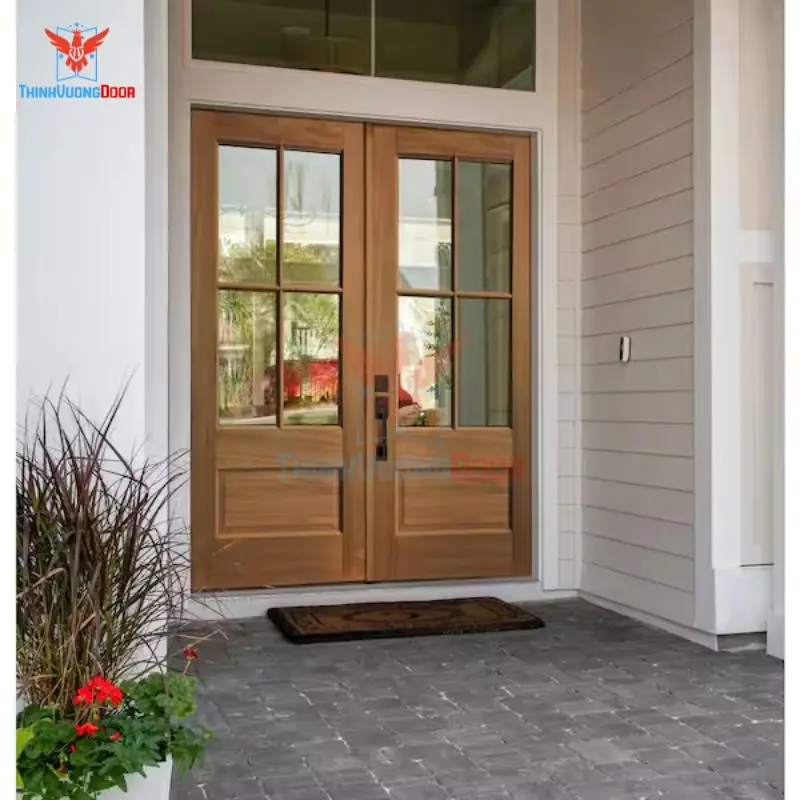 Cửa gỗ kính 2 cánh Sồi tự nhiên, kính cường lực trong suốt với các thanh nẹp gỗ dày dặn, tạo thành các ô hình chữ nhật lớn