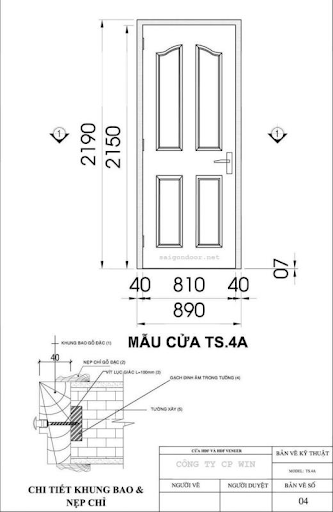 Mẫu bản vẽ cửa gỗ công nghiệp TS 4A chi tiết 