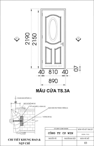 Mẫu bản vẽ cửa gỗ công nghiệp TS 3A chi tiết 