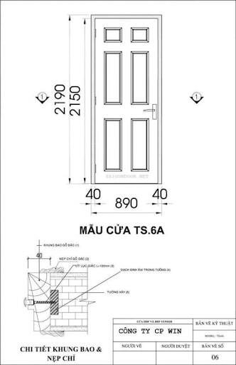 Mẫu bản vẽ cửa gỗ công nghiệp TS 6A chi tiết 